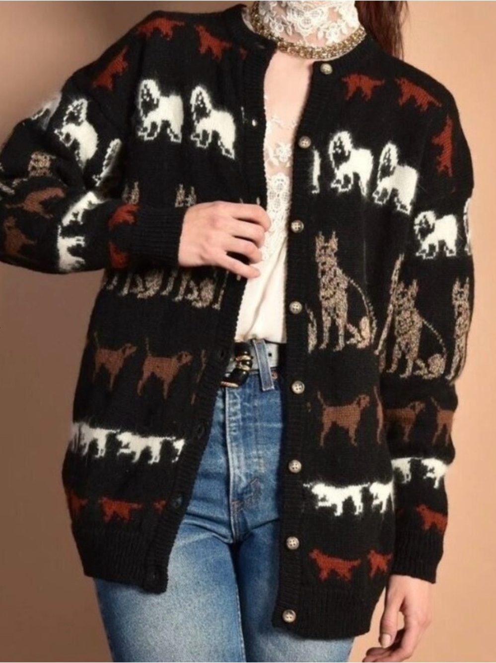 Vintage 80s Jayson Younger dog print Shetland wool oversized cardigan sweater